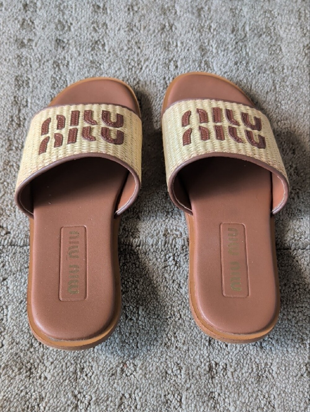 Miu Miu Tan Leather & Natural Woven Slide Sandals - 37 - Picture 2 of 3